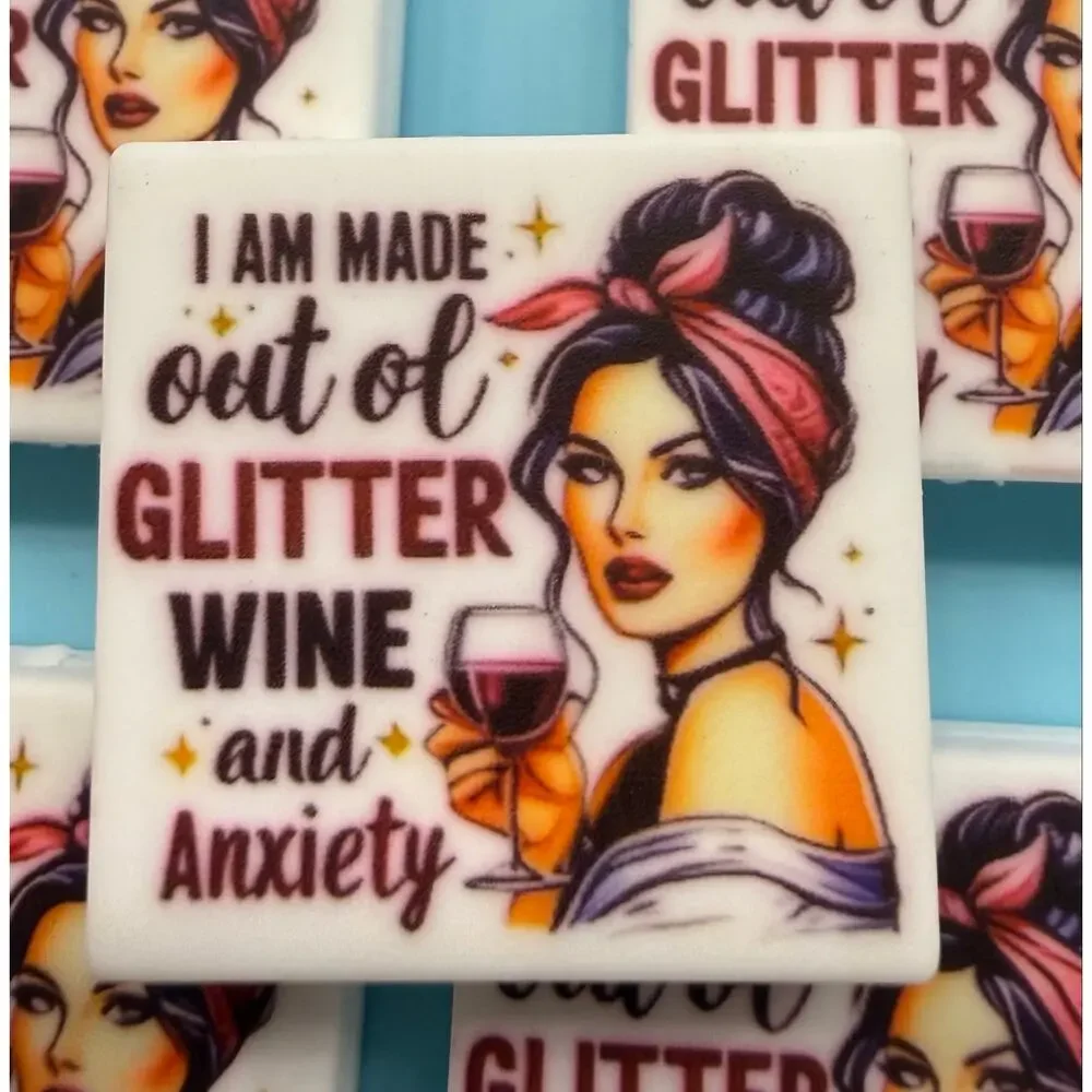 Set of 5 Glitter Wine & Anxiety Acrylic Focals for Pens Keychains Crafts